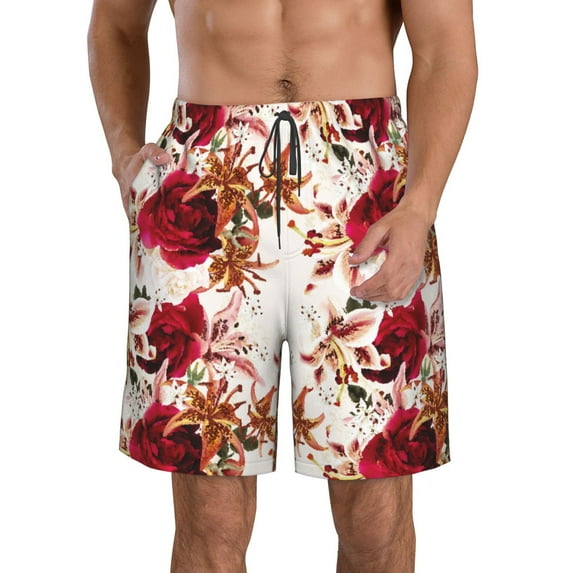 Kdxio Lilies Flowers Pattern Mens Casual Shorts - Drawstring Summer Beach Sports Shorts for Men