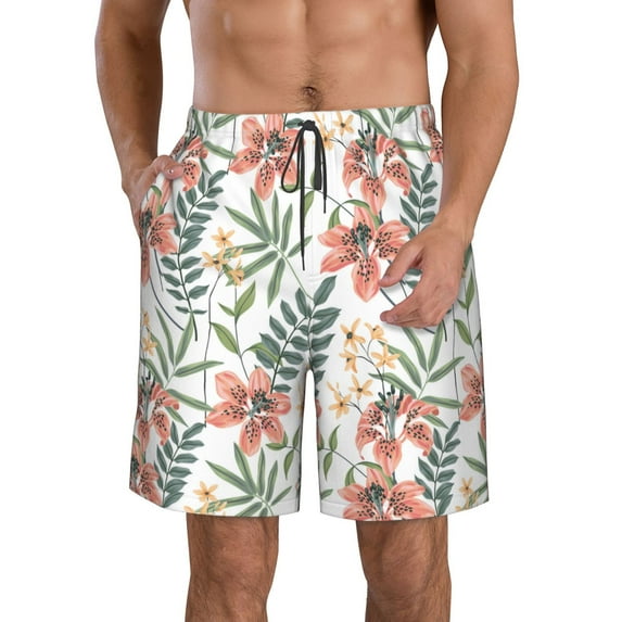 Kdxio Lilies Flowers Pattern Mens Casual Shorts - Drawstring Summer Beach Sports Shorts for Men