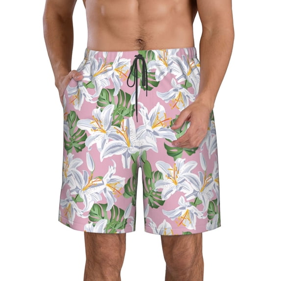 Kdxio Lilies Flowers Pattern Mens Casual Shorts - Drawstring Summer Beach Sports Shorts for Men