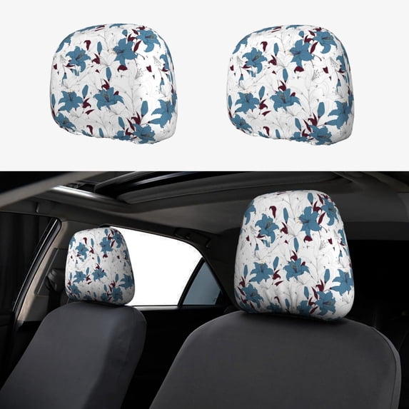 Kdxio Lilies Flowers Pattern Print 2 Piece Car Head Rest Covers Set Auto Front/Rear Seats Headrest Cover Universal Fit Most Cars,Sedan, SUV