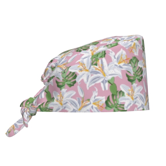 Kdxio Lilies Flowers Pattern Turban Hat for Women Men Comfortable Adjustable Cleaning Working Cap with Sweatband