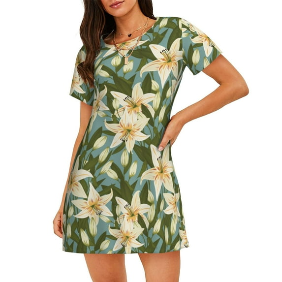 Kdxio Lilies Flowers Pattern Womens Short Sleeve Sleepshirt Scoopneck Cute Nightdress Ruffle Comfy Nightgown