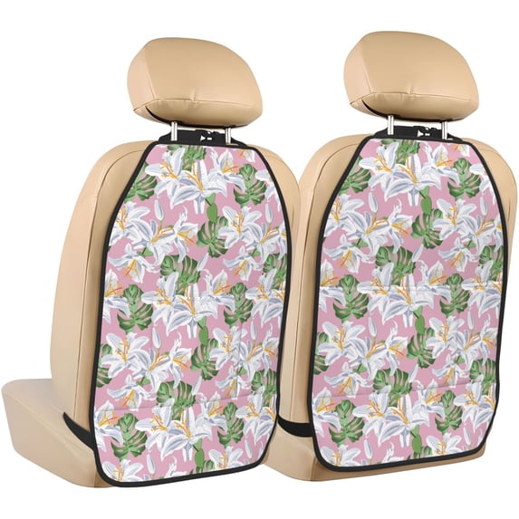 Kdxio Lilies Flowers Print 2 Pack Car Kick Mat Seat Cover Back Protector Mat with Pockets for Organizer Backseat Protector and Storage Anti Kick Pad for Vehicles