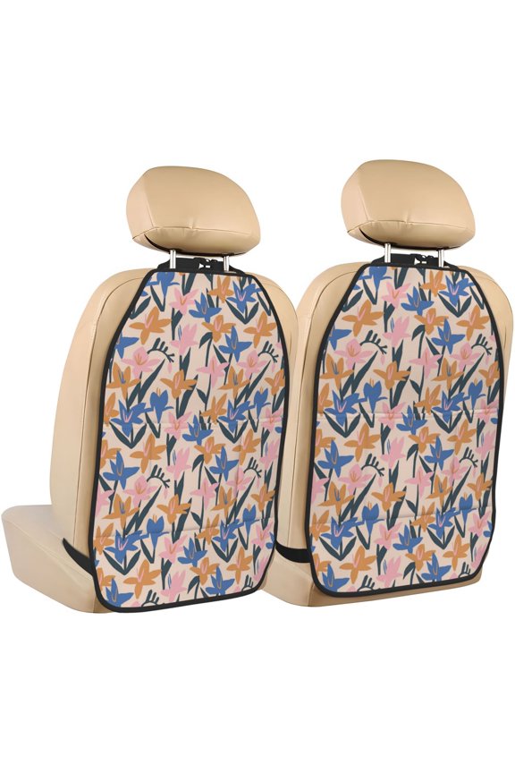 Lilies Flowers Print 2 Pack Car Kick Mat Seat Cover Back Protector Mat with Pockets for Organizer Backseat Protector and Storage Anti Kick Pad for Vehicles