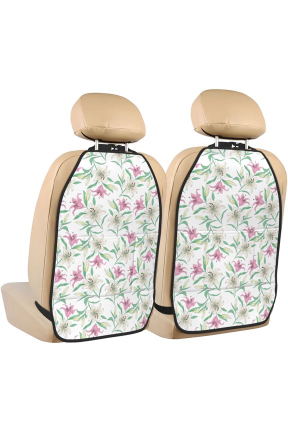 Lilies Flowers Print 2 Pack Car Kick Mat Seat Cover Back Protector Mat with Pockets for Organizer Backseat Protector and Storage Anti Kick Pad for Vehicles