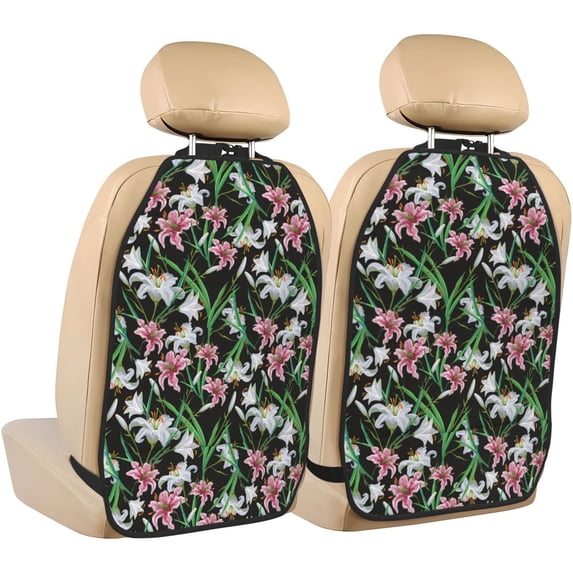 Kdxio Lilies Flowers Print 2 Pack Car Kick Mat Seat Cover Back Protector Mat with Pockets for Organizer Backseat Protector and Storage Anti Kick Pad for Vehicles