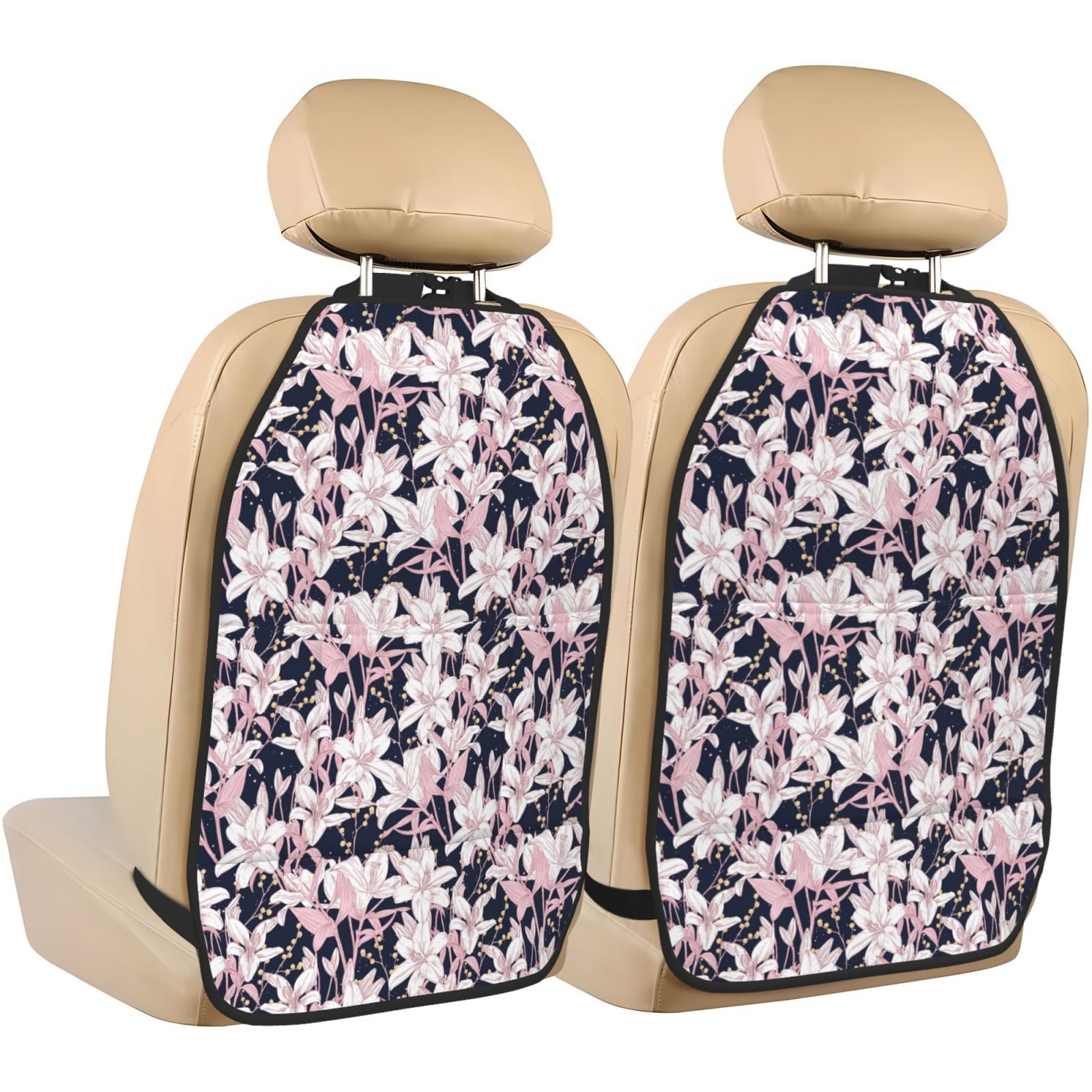 Kdxio Lilies Flowers Print 2 Pack Car Kick Mat Seat Cover Back Protector Mat with Pockets for Organizer Backseat Protector and Storage Anti Kick Pad for Vehicles