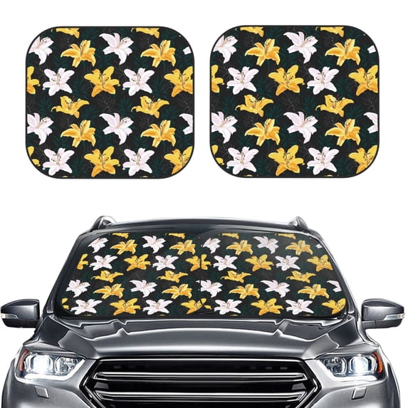 Kdxio Lilies Flowers Print 2-Piece Sun Shade Front Windshield - Foldable Car Front Window Sunshades for Most Sedans SUV Truck