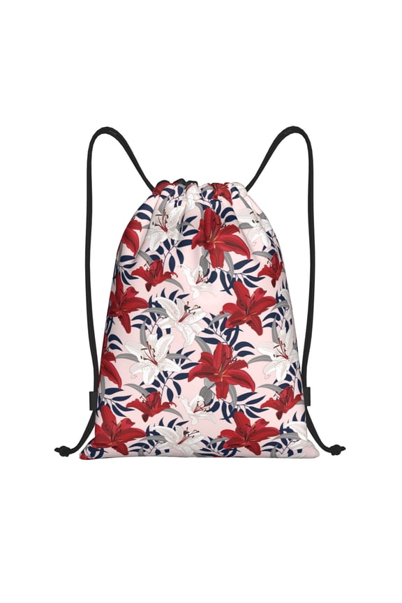Lilies Flowers Print Drawstring Backpack Bag,Waterproof Draw String Back Sack, Gym Drawstring Bags Swim Bag For Unisex