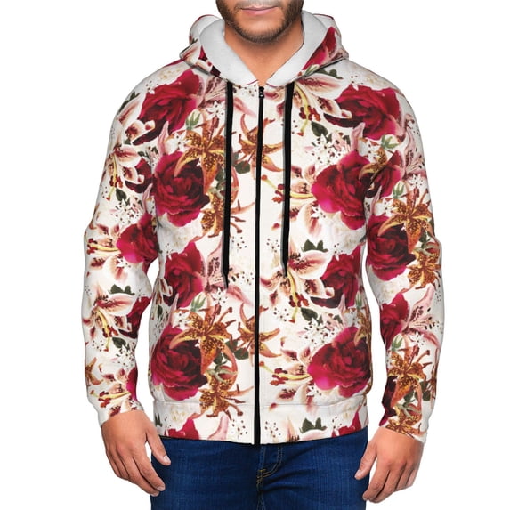Kdxio Lilies Flowers Print Men Hoodies Casual Hoodies for Men with Zip Pockets Full Zip Long Sleeve Sweatshirt Sports Hooded Jacket-3X-Large