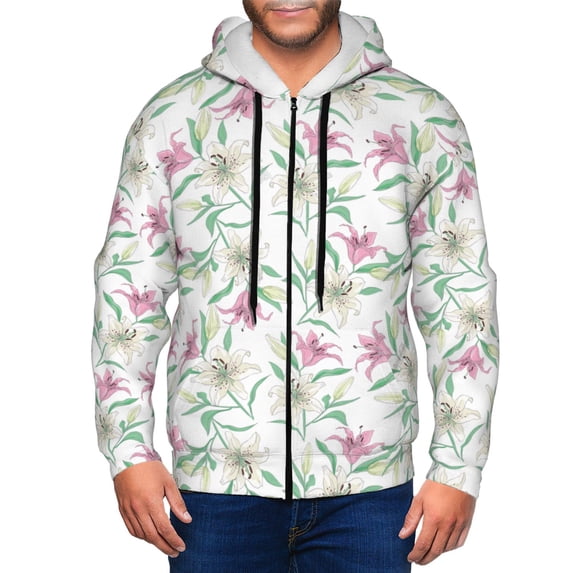 Kdxio Lilies Flowers Print Men Hoodies Casual Hoodies for Men with Zip Pockets Full Zip Long Sleeve Sweatshirt Sports Hooded Jacket-Small