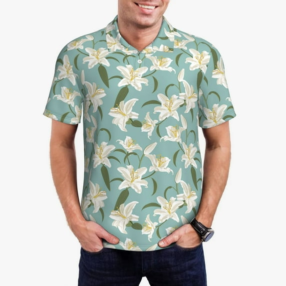Kdxio Lilies Flowers Print Men's Short Sleeve Polo Shirt,Midweight Men's Shirt