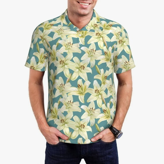 Kdxio Lilies Flowers Print Men's Short Sleeve Polo Shirt,Midweight Men's Shirt