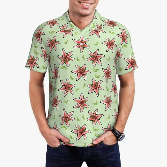 Kdxio Lilies Flowers Print Men's Short Sleeve Polo Shirt,Midweight Men's Shirt