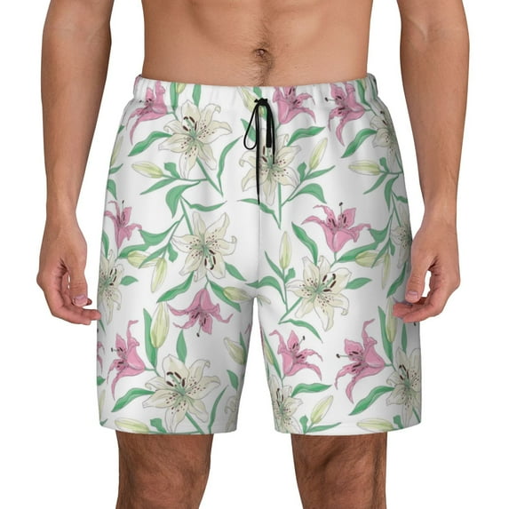 Kdxio Lilies Flowers Print Men's Swim Trunks with Compression Liner 7 Inch Inseam Quick Dry Swim Shorts