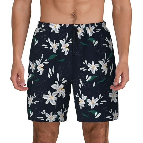 Kdxio Lilies Flowers Print Men's Swim Trunks with Compression Liner 7 Inch Inseam Quick Dry Swim Shorts