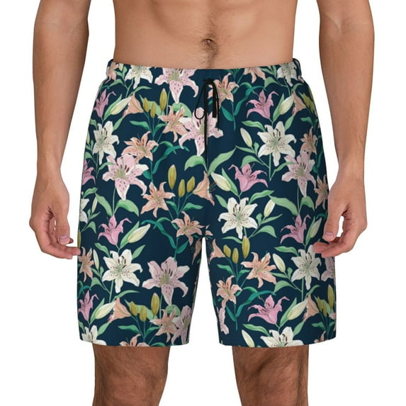 Kdxio Lilies Flowers Print Men's Swim Trunks with Compression Liner 7 Inch Inseam Quick Dry Swim Shorts