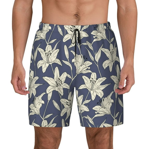 Kdxio Lilies Flowers Print Men's Swim Trunks with Compression Liner 7 Inch Inseam Quick Dry Swim Shorts