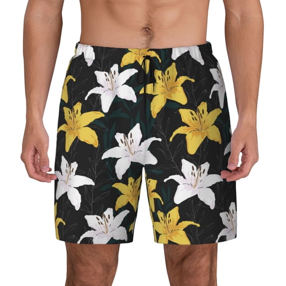 Kdxio Lilies Flowers Print Men's Swim Trunks with Compression Liner 7 Inch Inseam Quick Dry Swim Shorts