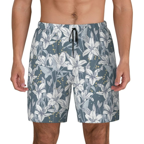 Kdxio Lilies Flowers Print Men's Swim Trunks with Compression Liner 7 Inch Inseam Quick Dry Swim Shorts