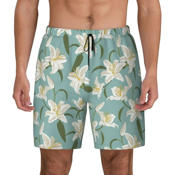 Kdxio Lilies Flowers Print Men's Swim Trunks with Compression Liner 7 Inch Inseam Quick Dry Swim Shorts