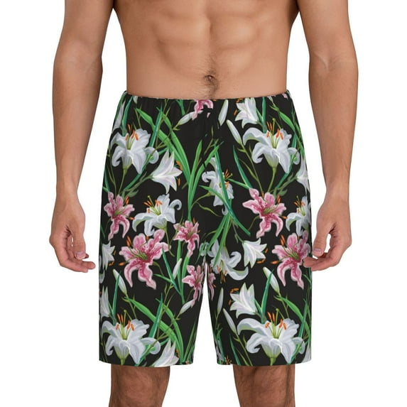 Kdxio Lilies Flowers Print Mens Sleep Shorts Bottoms Soft Comfy Pajama Wear Pants with Drawstring Pockets