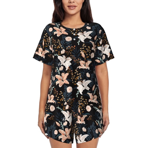 Kdxio Lilies Flowers Print Pajamas Sets for Women Short-Sleeved Pjs with Lounge Shorts Two Piece Sleepwear S-4XL