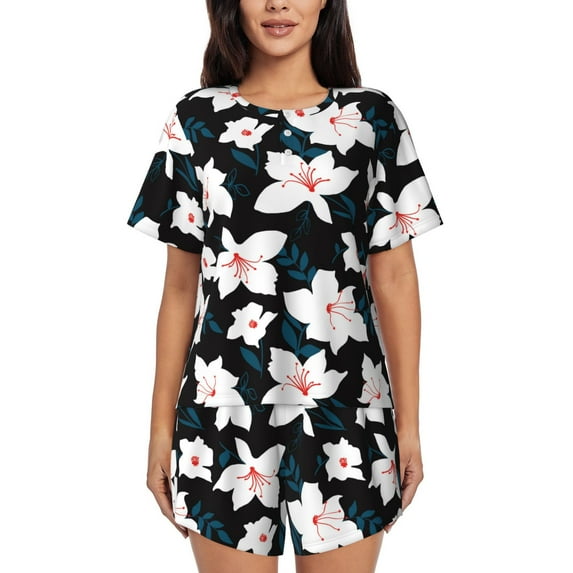 Kdxio Lilies Flowers Print Pajamas Sets for Women Short-Sleeved Pjs with Lounge Shorts Two Piece Sleepwear S-4XL