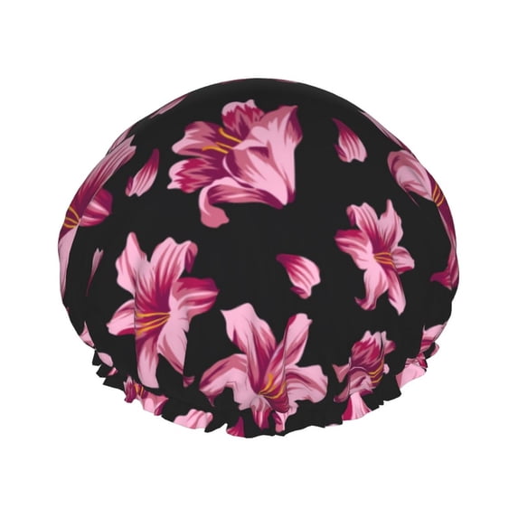 Kdxio Lilies Flowers Print Shower Cap for Women,Elastic and Reusable,Double Waterproof Layers Bathing Hat