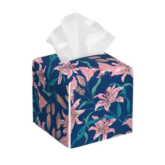 Kdxio Lilies Flowers Print Tissue Box Cover,Square Decorative PU Leather Facial Paper Case Organizer Holder Dispenser for Bathroom,Night Stands,Desk,Car 5.2''X5.2''X5.2''