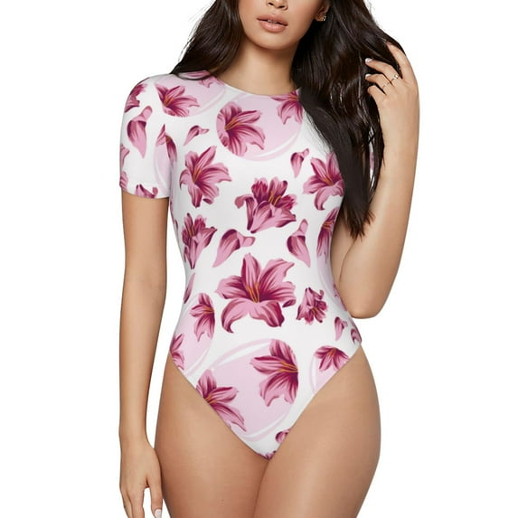 Kdxio Lilies Flowers for Women's Short-Sleeved Onesie Stylish Round Neck Pajamas Bodysuit Jumpsuit Nightwear-X-Large