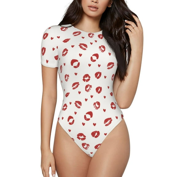 Kdxio Lips Kiss for Women's Short-Sleeved Onesie Stylish Round Neck Pajamas Bodysuit Jumpsuit Nightwear-Small