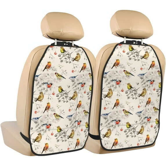 Kdxio Little Birds Print 2 Pack Car Kick Mat Seat Cover Back Protector Mat with Pockets for Organizer Backseat Protector and Storage Anti Kick Pad for Vehicles