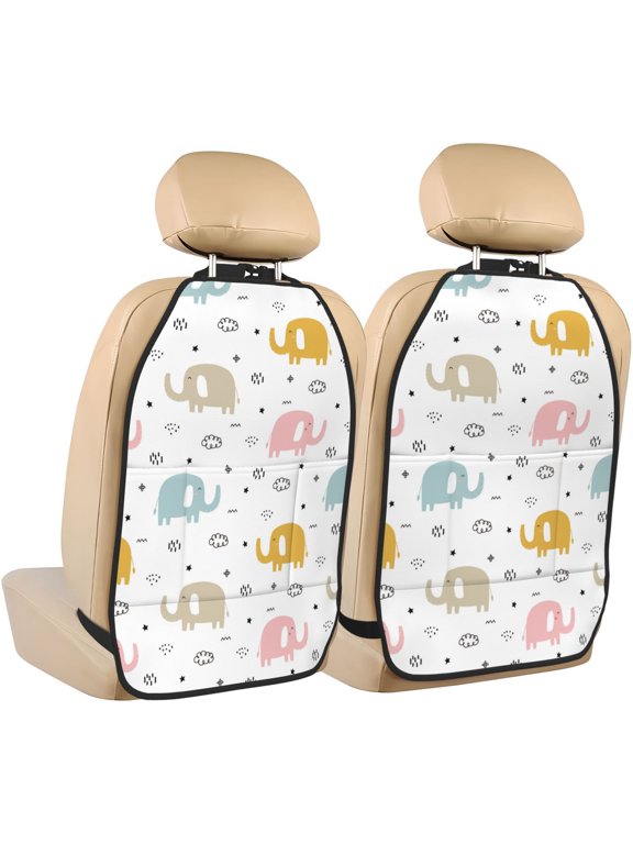 Little Elephant Print 2 Pack Car Kick Mat Seat Cover Back Protector Mat with Pockets for Organizer Backseat Protector and Storage Anti Kick Pad for Vehicles
