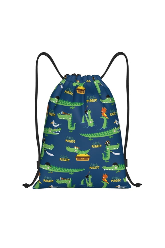 Little Pirate Crocodile Print Drawstring Backpack Bag,Waterproof Draw String Back Sack, Gym Drawstring Bags Swim Bag For Unisex