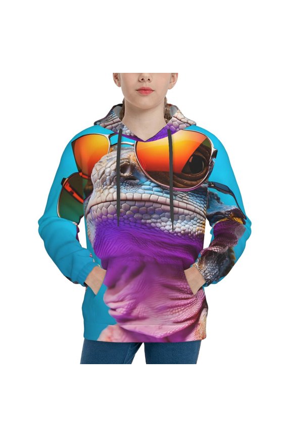 Lizard With Sunglasses Colorful Pattern Boys Athletic Unisex Boys Girls Hoodie with Pocket Sweatshirts-Large
