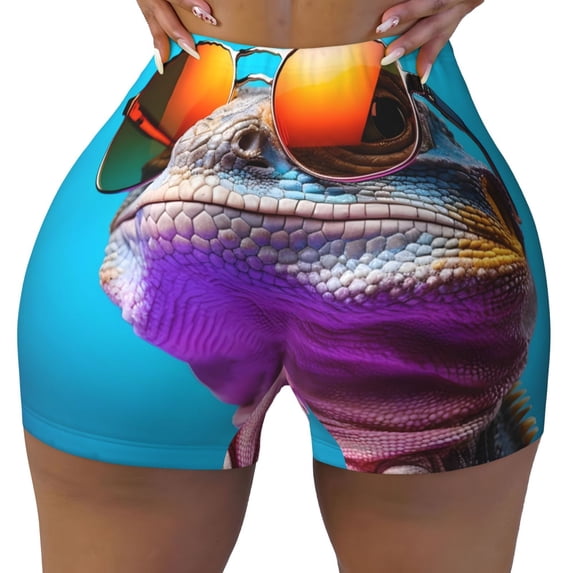 Kdxio Lizard With Sunglasses Colorful Print Workout Shorts for Women Seamless Soft Smooth Gym Yoga Scrunch Active Shorts