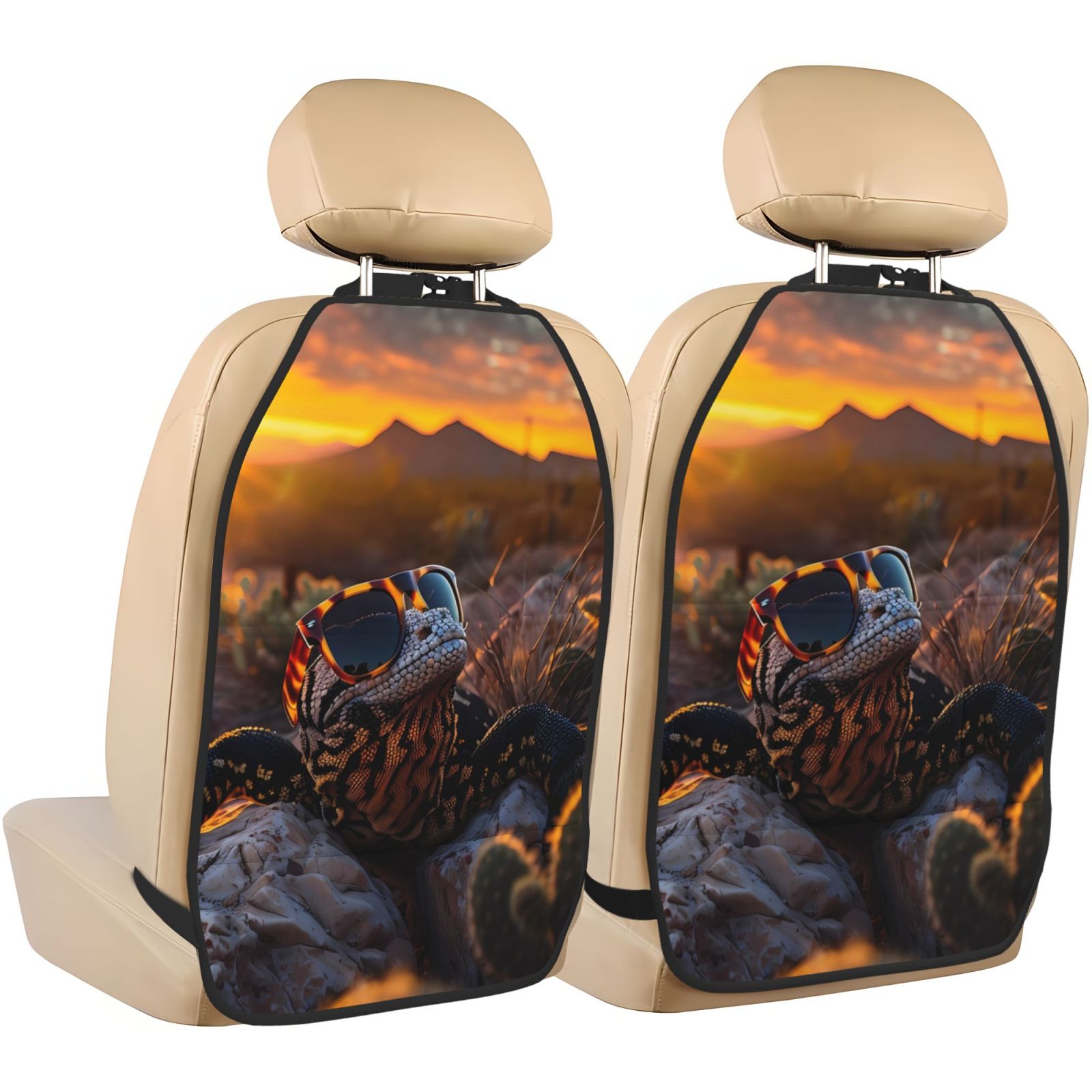 Kdxio Lizard With Sunglasses Sunset Print 2 Pack Car Kick Mat Seat Cover Back Protector Mat with Pockets for Organizer Backseat Protector and Storage Anti Kick Pad for Vehicles
