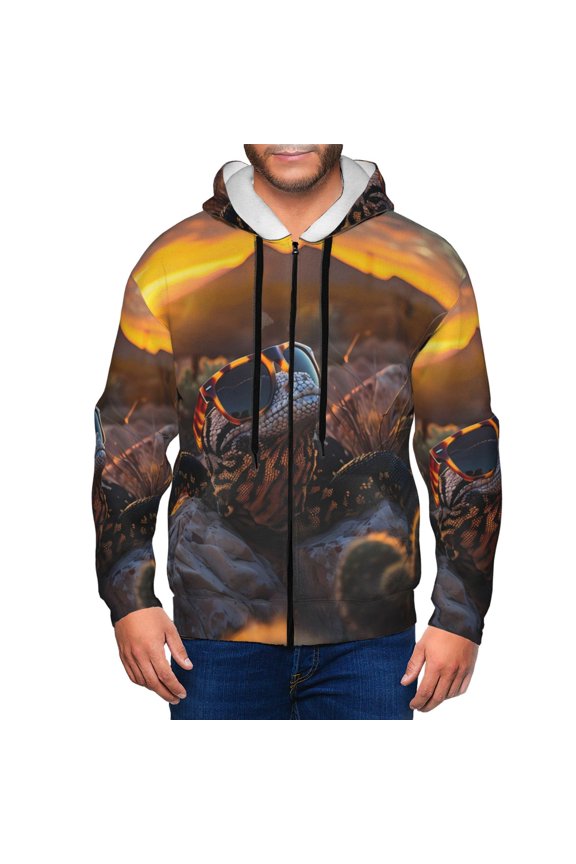 Lizard With Sunglasses Sunset Print Men Hoodies Casual Hoodies for Men with Zip Pockets Full Zip Long Sleeve Sweatshirt Sports Hooded Jacket-Small