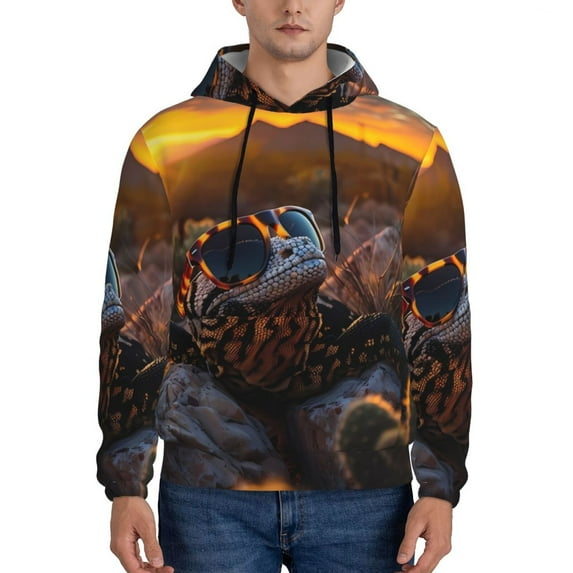 Kdxio Lizard With Sunglasses Sunset Print Mens Casual Hooded Collar Drawstring Hoodies Pullover Sweatshirts Casual Long Sleeve Shirts-Medium