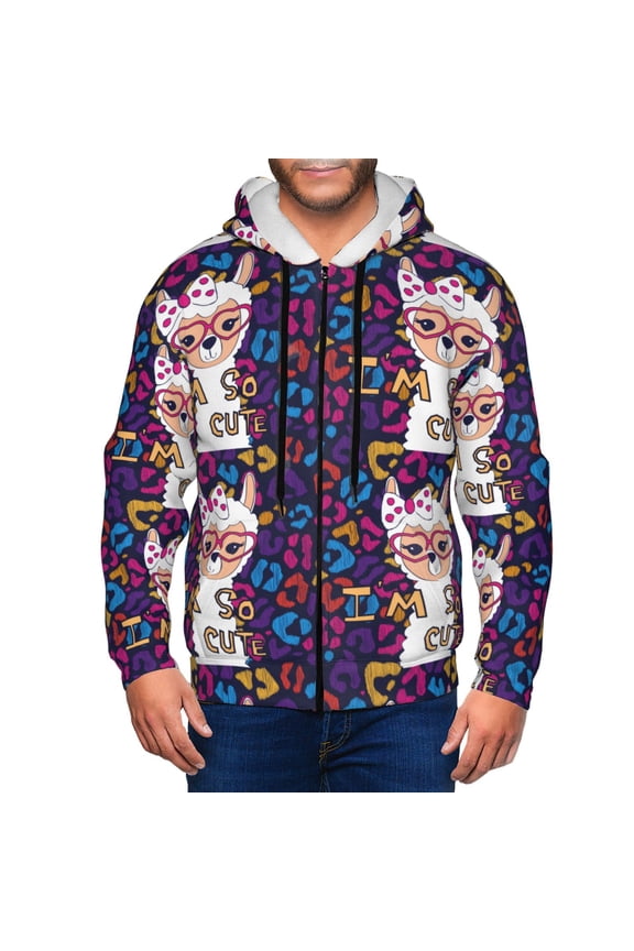 Llama Alpaca Print Men Hoodies Casual Hoodies for Men with Zip Pockets Full Zip Long Sleeve Sweatshirt Sports Hooded Jacket-Medium
