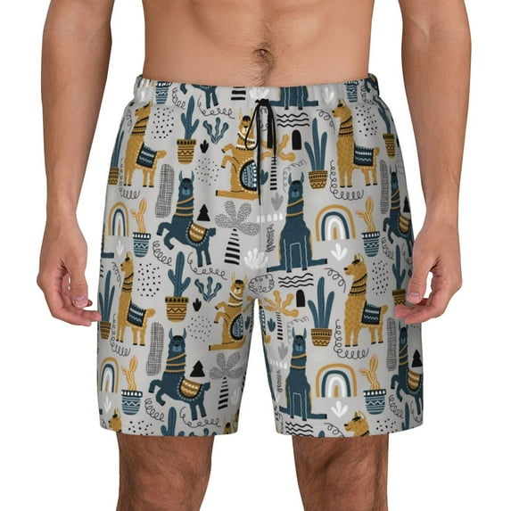 Kdxio Llama And Cactus1 Print Men'S Swim Trunks With Compression Liner 7 Inch Inseam Quick Dry Swim Shorts