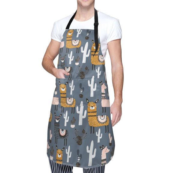 Kdxio Llama and Cactus Apron with Pockets Adjustable Kitchen Aprons for Men Women Waterproof Aprons for Cooking,Drawing,Crafting, Baking Household Cleaning