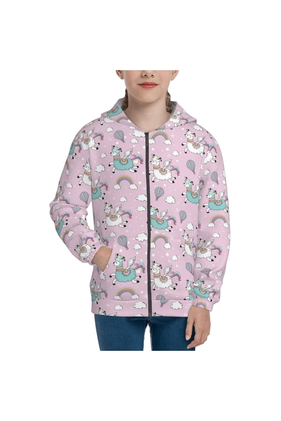 Llama Unicorn and Rainbow Pattern Kids Boys Girls Zip Up Hoodie 3D Printed Hooded Sweatshirt Hoody Coat with Pocket 7-12 Y-Medium