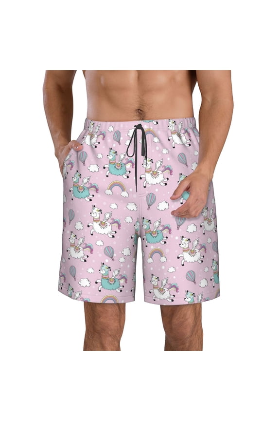 Llama Unicorn and Rainbow Pattern Mens Casual Shorts - Drawstring Summer Beach Sports Shorts for Men