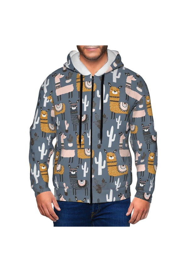 Llama and Cactus Print Men Hoodies Casual Hoodies for Men with Zip Pockets Full Zip Long Sleeve Sweatshirt Sports Hooded Jacket-Large