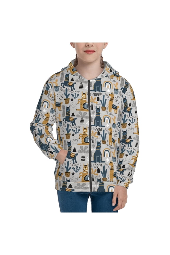 Llama and Cactus1 Pattern Kids Boys Girls Zip Up Hoodie 3D Printed Hooded Sweatshirt Hoody Coat with Pocket 7-12 Y-Medium