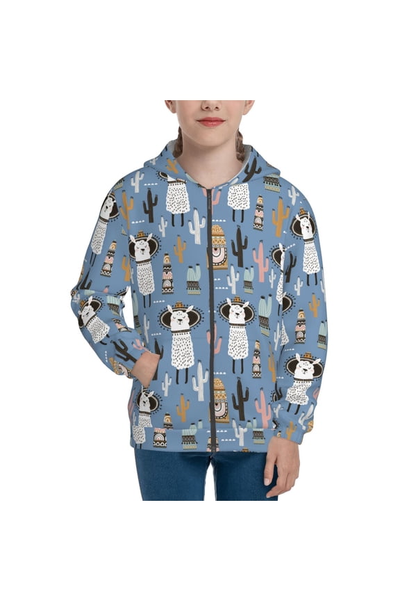 Llamas And Cactus Pattern Kids Boys Girls Zip Up Hoodie 3D Printed Hooded Sweatshirt Hoody Coat with Pocket 7-12 Y-Small