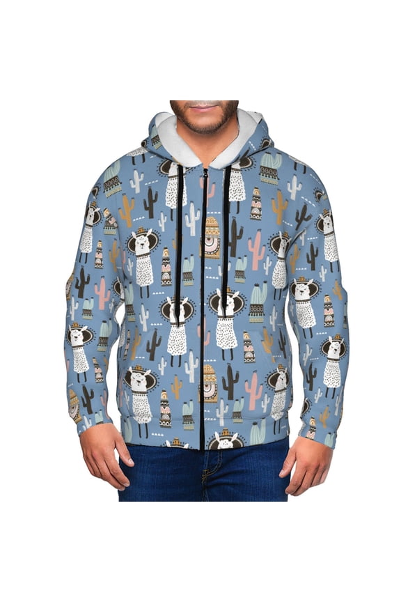 Llamas And Cactus Print Men Hoodies Casual Hoodies for Men with Zip Pockets Full Zip Long Sleeve Sweatshirt Sports Hooded Jacket-Small