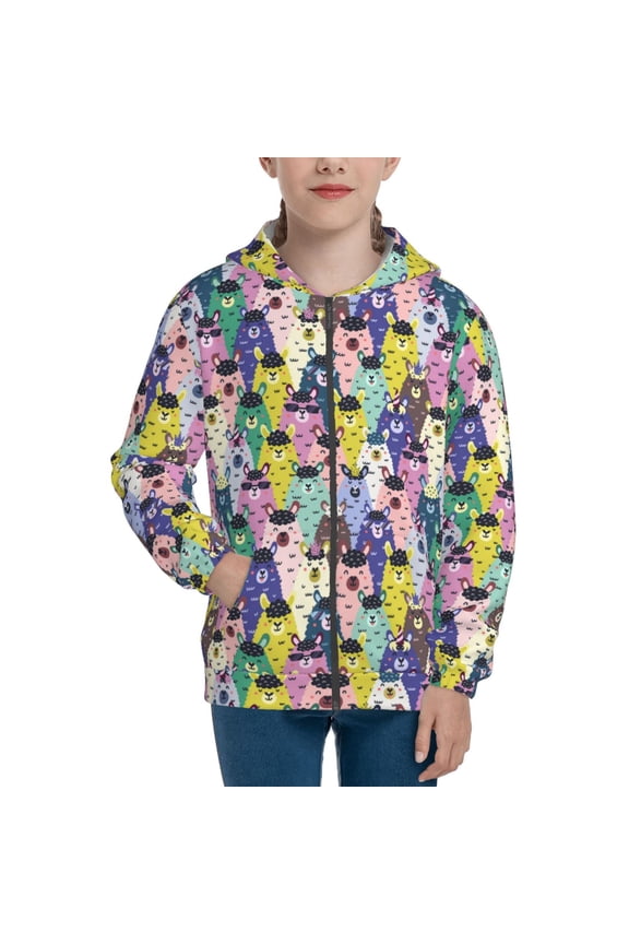 Llamas Colorful Pattern Kids Boys Girls Zip Up Hoodie 3D Printed Hooded Sweatshirt Hoody Coat with Pocket 7-12 Y-Medium